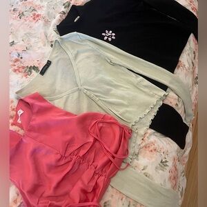 Bundle Of 3 Trendy Tops Embroidered Satin Lettuce Buttons Size S/M Boutique
